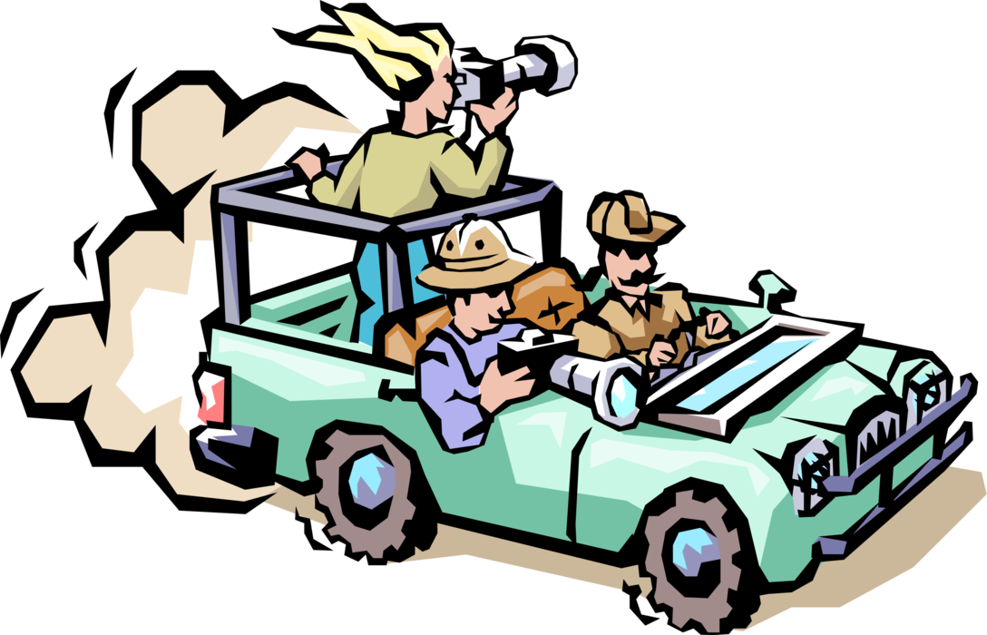 Vector Illustration of African Safari Jeep with Holiday Vacation Tourists Taking Photographs with Cameras