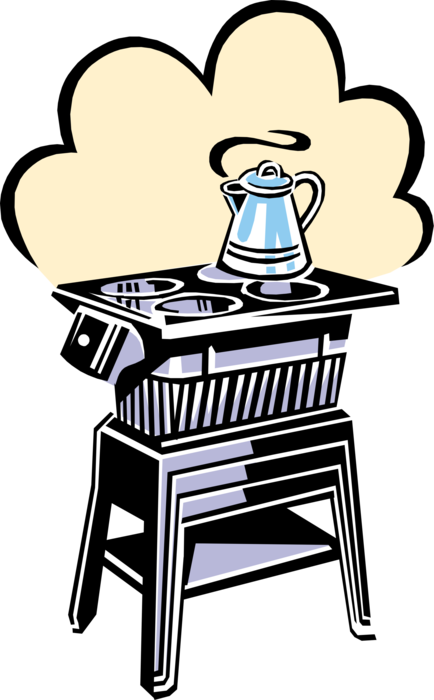 Vector Illustration of Kitchen Appliance Wood Stove with Coffee Pot Brewing Fresh Morning Coffee