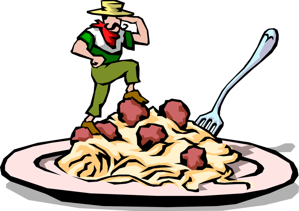 Vector Illustration of Italian Cuisine Chef Conquers Plate of Spaghetti Pasta with Meatballs 