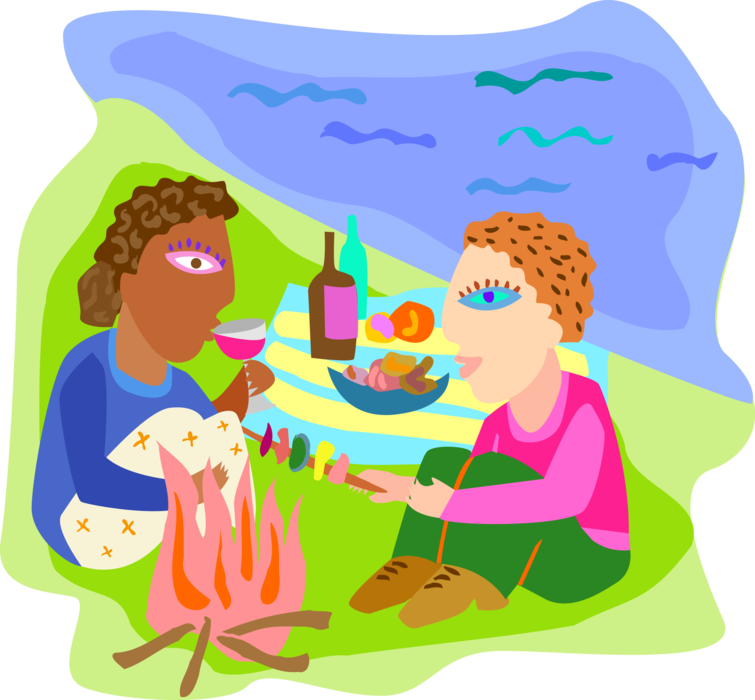Vector Illustration of Couple Enjoy Summer Picnic on the Beach with Campfire