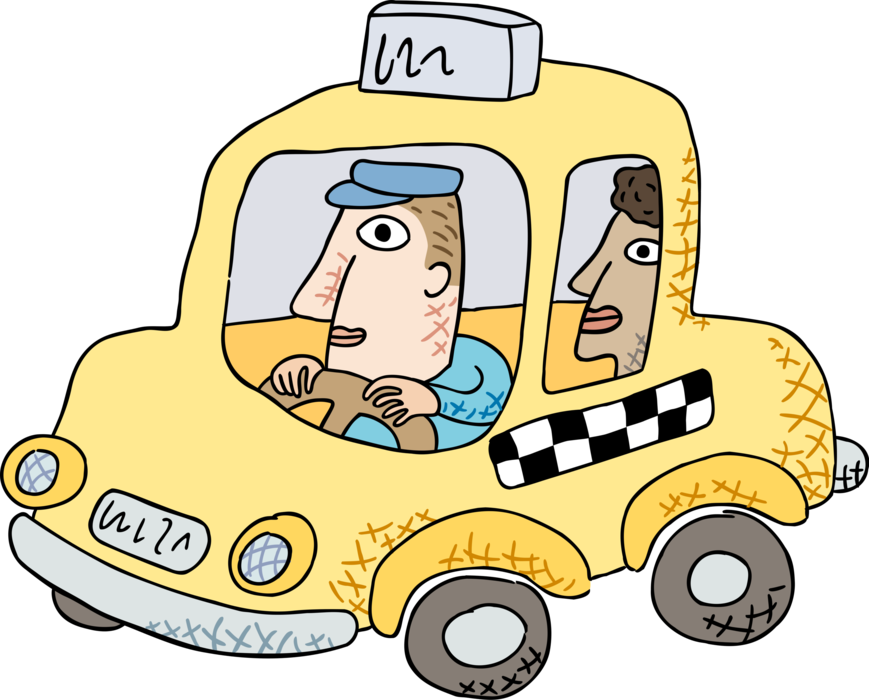 Vector Illustration of Taxicab Motorist Driver with Passenger in Taxi or Cab Vehicle for Hire Automobile Motor Car