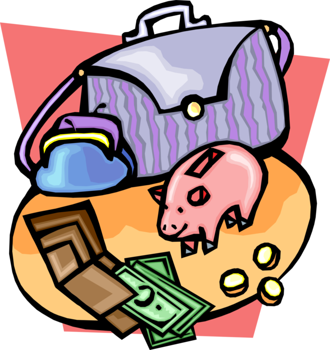 Vector Illustration of Home Finances with Piggy Bank, Wallet, Purse and Cash Money Dollar Bills