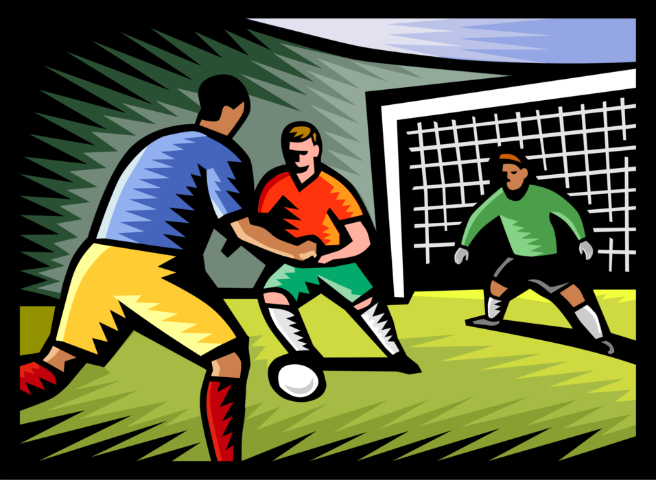 Vector Illustration of Sport of Soccer Football Players with Ball and Goalie Defending Goal Net