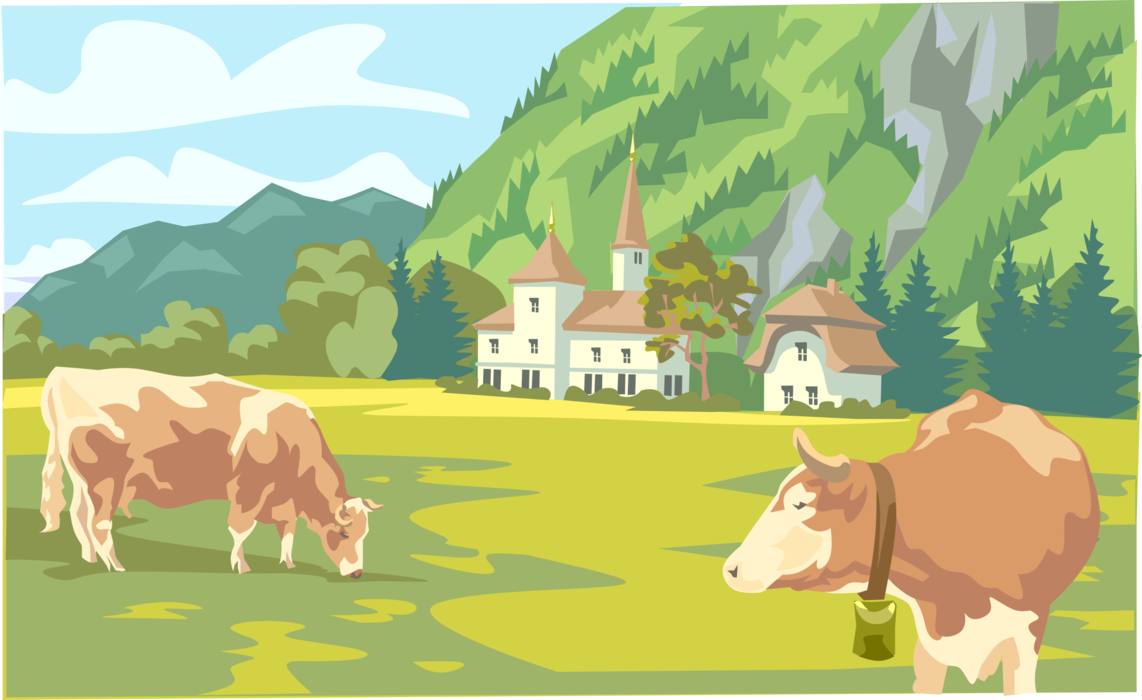 Vector Illustration of Farm Agriculture Livestock Animal Dairy Cows in Pasture Field with Majestic Country Home and Hills