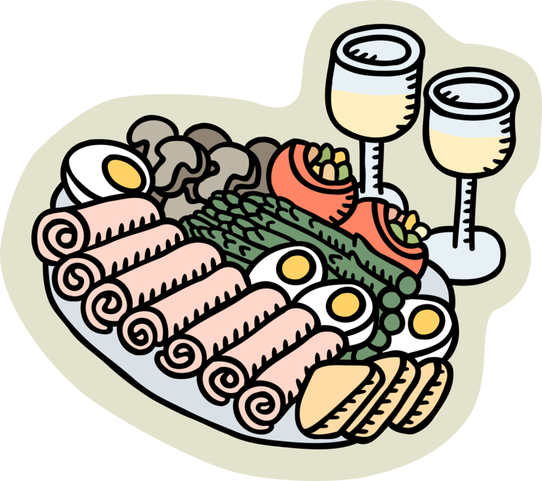Vector Illustration of Appetizer Platter with Meat, Eggs and Tomato Hors-d'oeuvres Canapé with White Wine