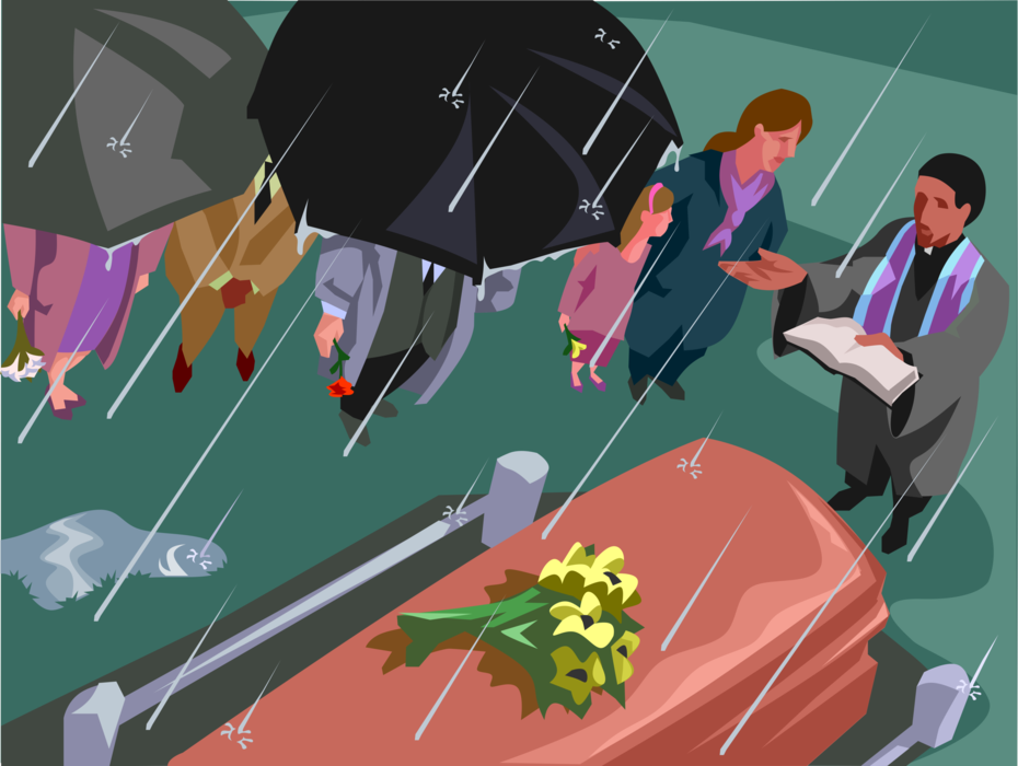 Vector Illustration of Funeral Service with Priest at Gravesite Blessing the Coffin for Burial