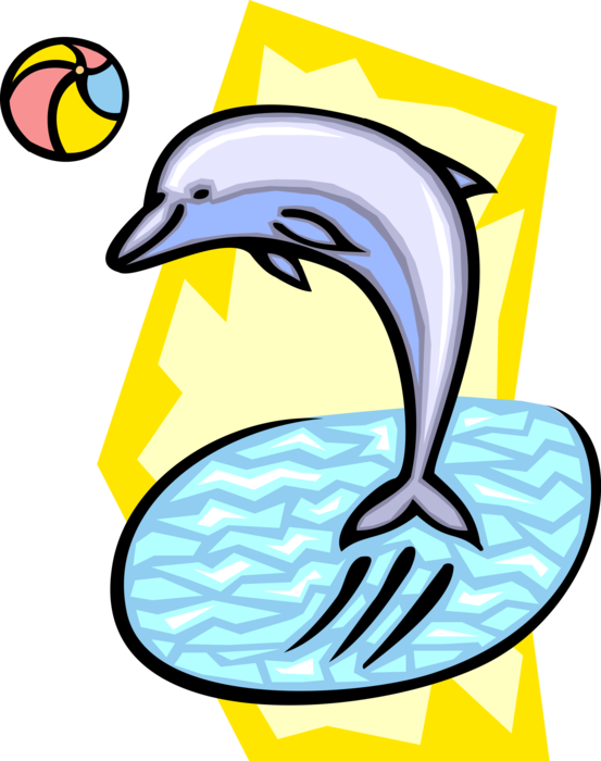 Vector Illustration of Aquatic Marine Mammal Cetacean Dolphin Performs at SeaWorld Aquarium with Ball