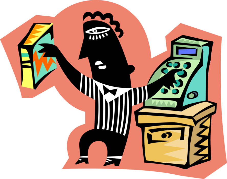 Vector Illustration of Cashier in Supermarket with Grocery Products and Cash Register