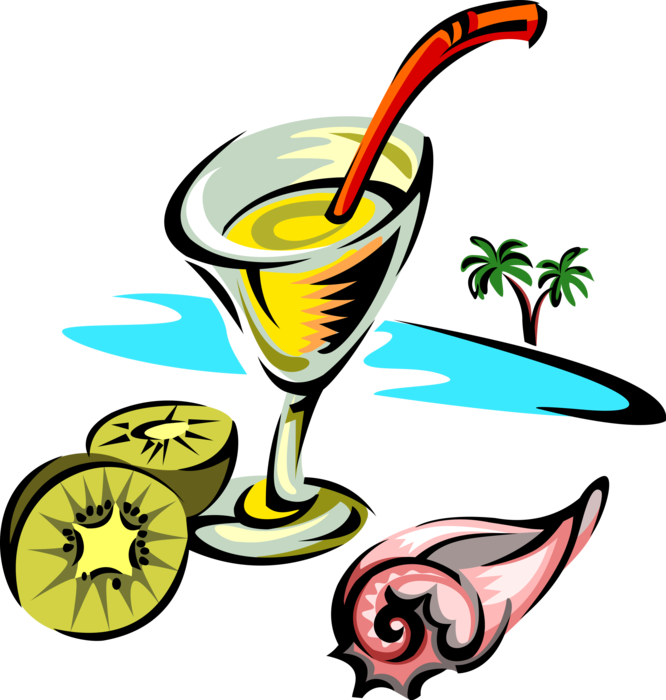 Vector Illustration of Alcohol Beverage Fruity Cocktail Drink with Kiwi Fruit and Beach