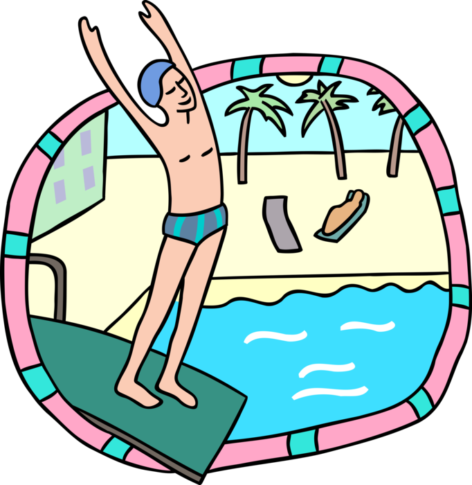 Vector Illustration of Swimmer Preparing to Dive Into Pool at Vacation Resort