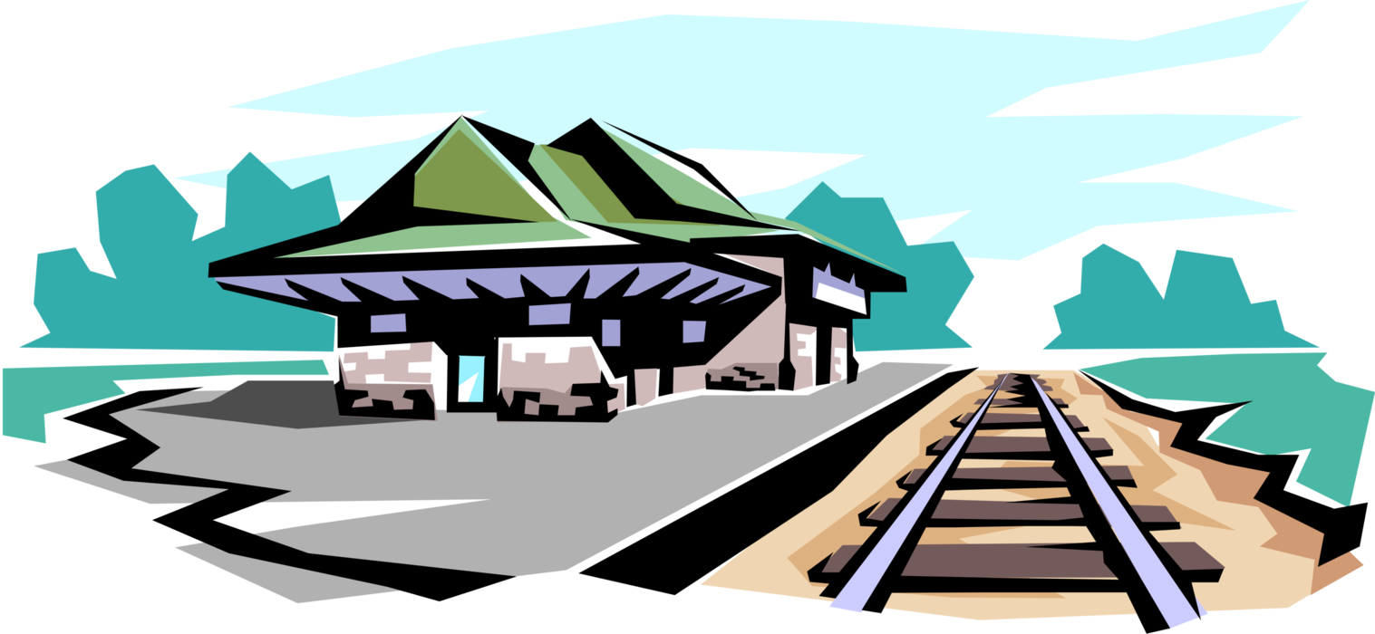 Vector Illustration of Railway Train Passenger Station with Rail Tracks and Loading Platform