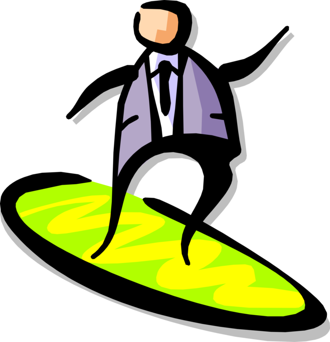 Vector Illustration of Businessman Surfer Surfs on Surfboard