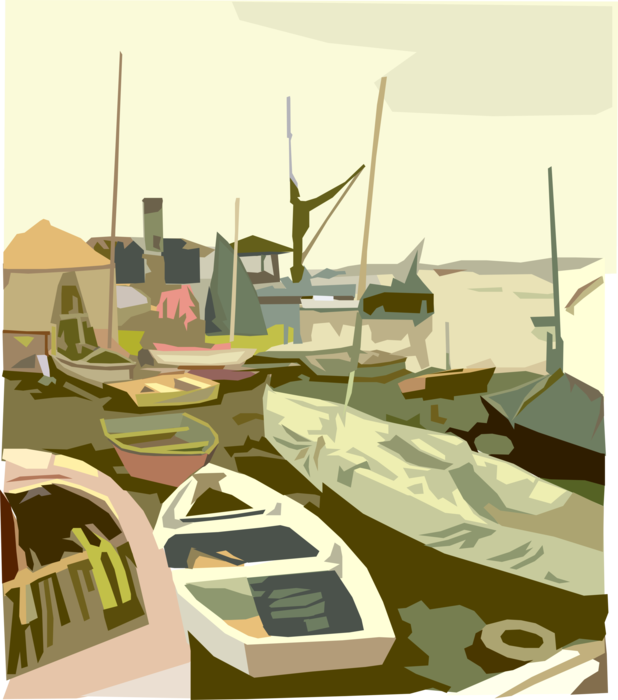Vector Illustration of Fishing Village Boats in Harbor and on Shore