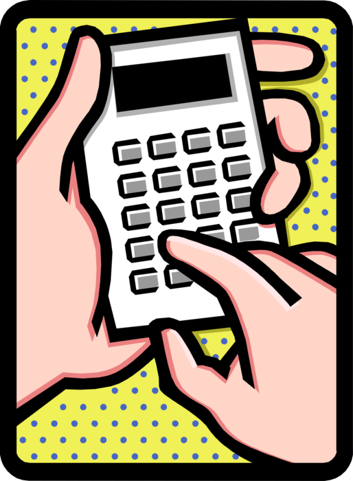 Vector Illustration of Hands on Calculator Portable Electronic Device Performs Basic Operations of Mathematics