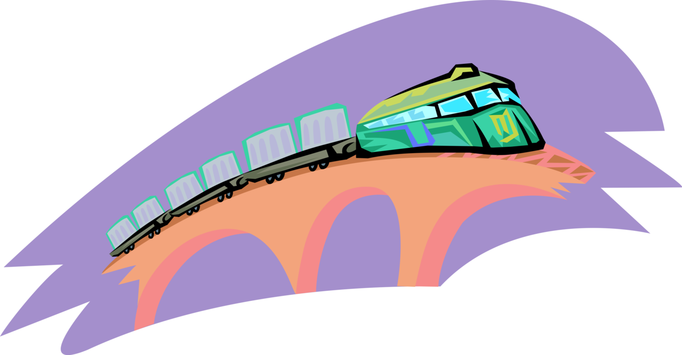 Vector Illustration of Railroad Rail Transport Speeding Locomotive Railway Train Crossing Bridge