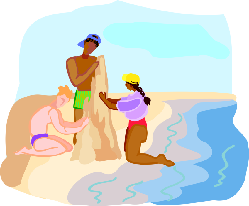 Vector Illustration of Children Building Sand Castle on Beach in Summer