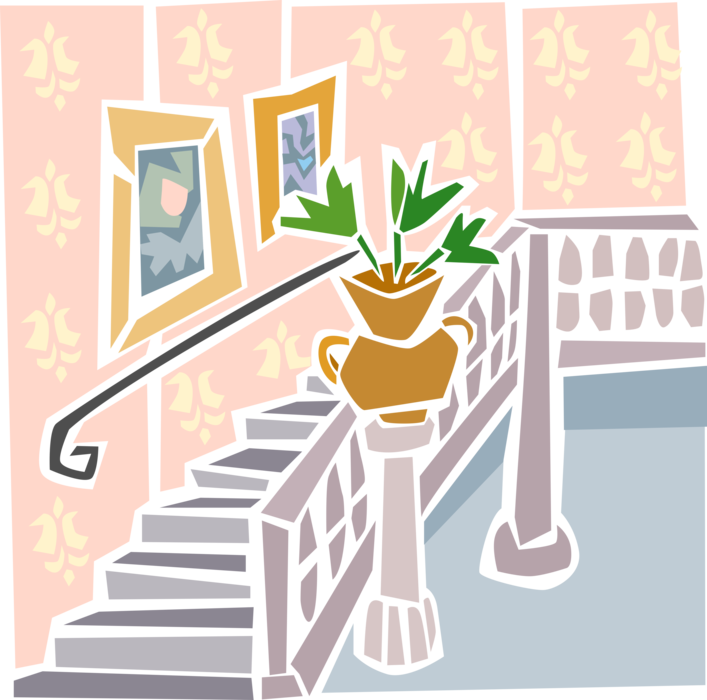Vector Illustration of House Interior Stairs with Potted Plant