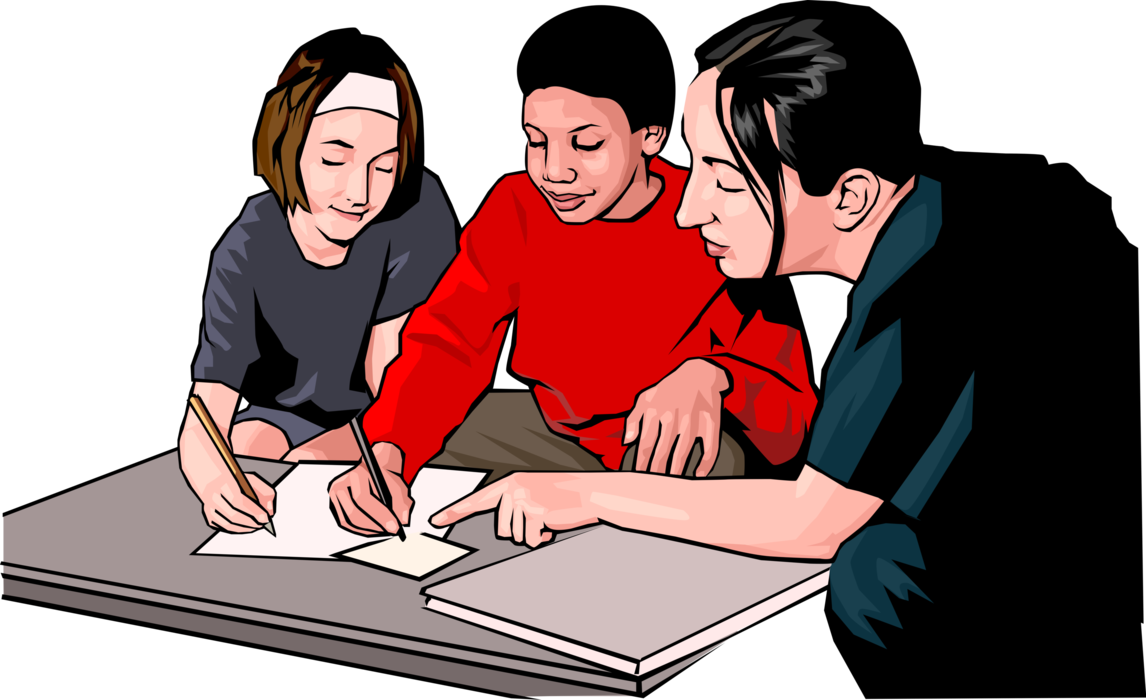 Vector Illustration of Children Working Out Mathematics Problems with Teacher