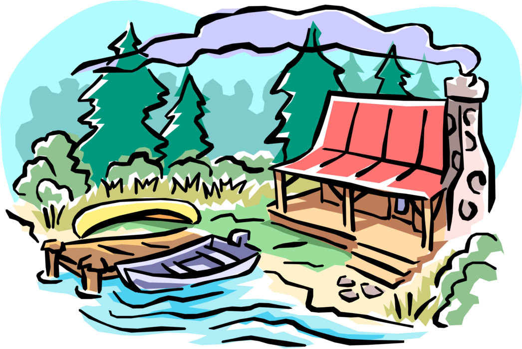 Vector Illustration of Camp Cottage in Great Outdoors with Dock, Canoe and Fishing Boat