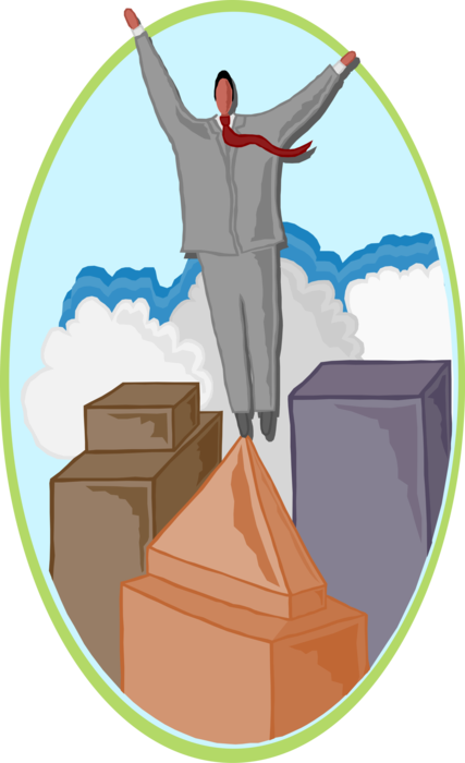 Vector Illustration of Man Soaring Above Office Tower Buildings