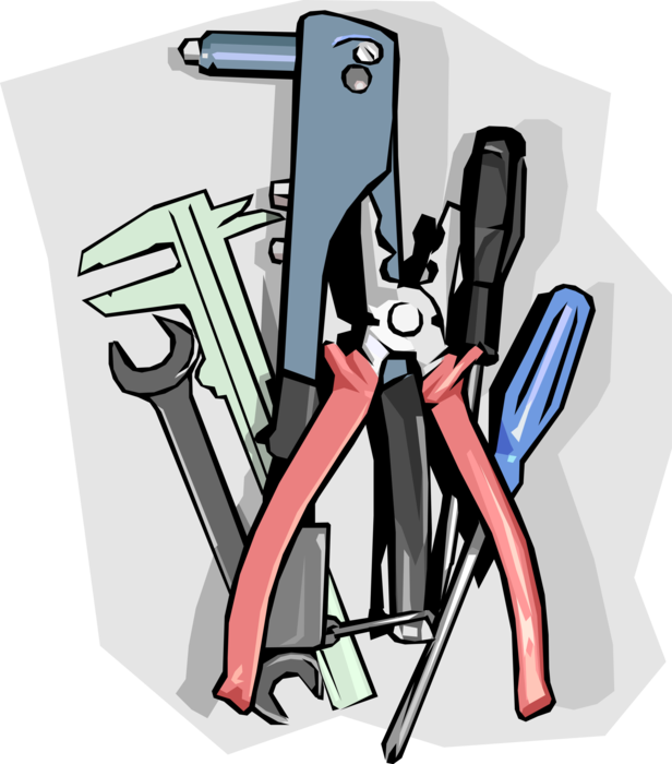 Vector Illustration of Pliers, Screwdrivers, and Wrenches, and Riveter Tools