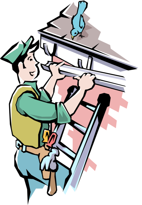 Vector Illustration of Handyman Home Renovation Expert Installing Eaves Trough Gutters