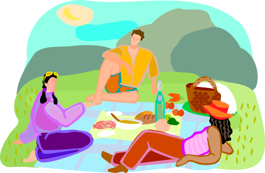 Vector Illustration of Family Picnic on Blanket with Wine and Food on Summer Day