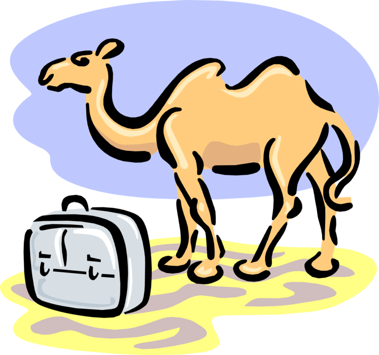 Vector Illustration of Beast of Burden Camel Dromedary Even-Toed Ungulate with Travel Luggage Suitcase