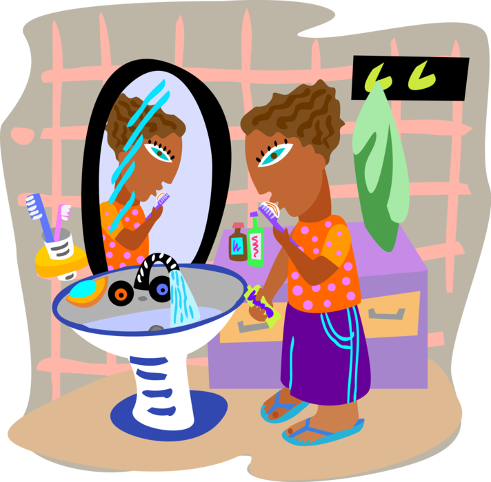 Vector Illustration of Personal Hygiene Man Brushing His Teeth at Sink