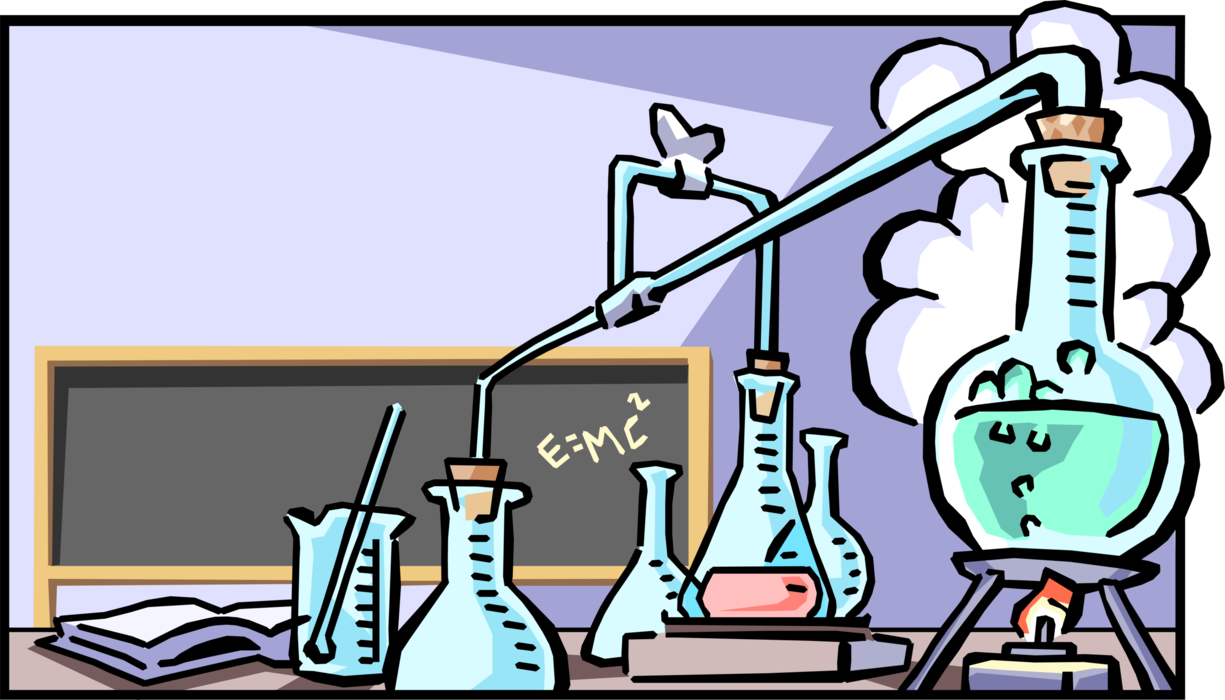 Vector Illustration of Chemistry Research Laboratory with Beakers and Flasks