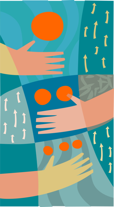 Vector Illustration of Teamwork Hands Contribute Individual Effort to Advance Goals
