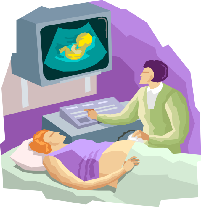Vector Illustration of Pregnant Parent Mother with Prenatal Ultrasound Examination with Technician