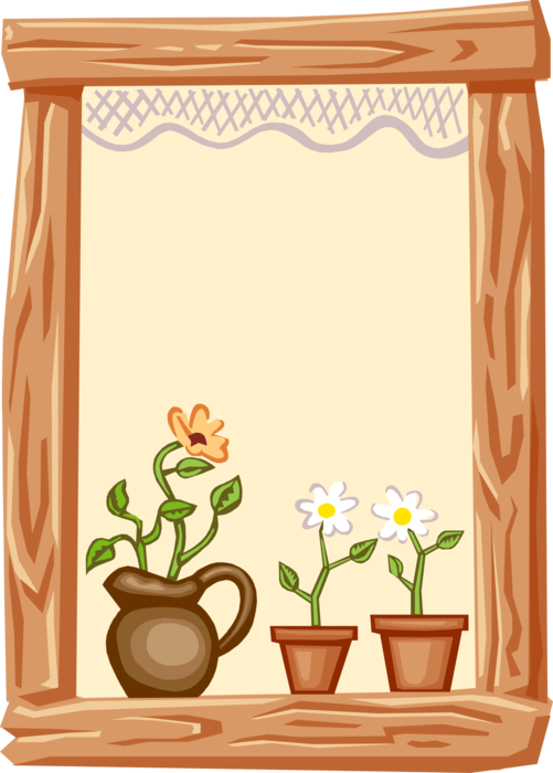 Vector Illustration of Window Sill with Potted Plants Frame Border