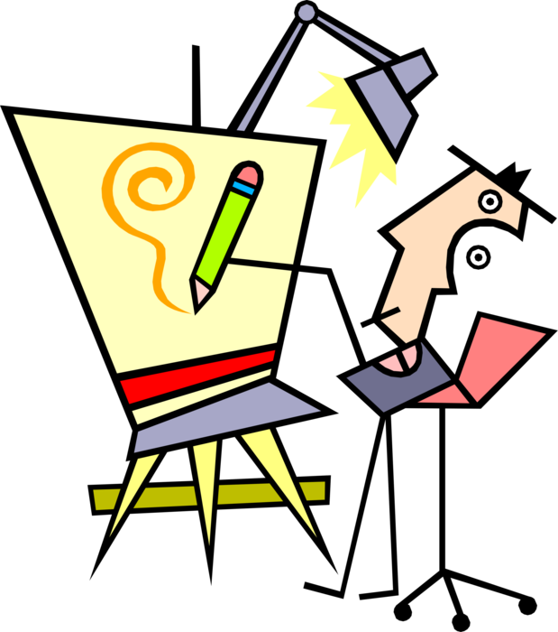 Vector Illustration of Businessman Artist Draws Business Plan with Pencil and Easel