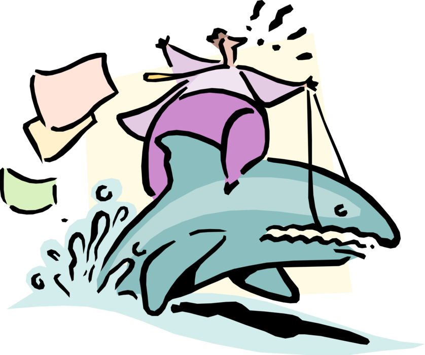 Vector Illustration of Businessman with Project File Rides Great White Shark to Safety
