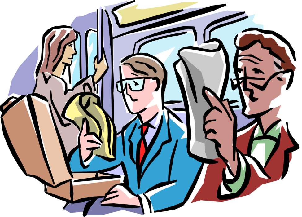 Vector Illustration of Businessmen Commuter Subway Passengers Read Newspaper and Reports