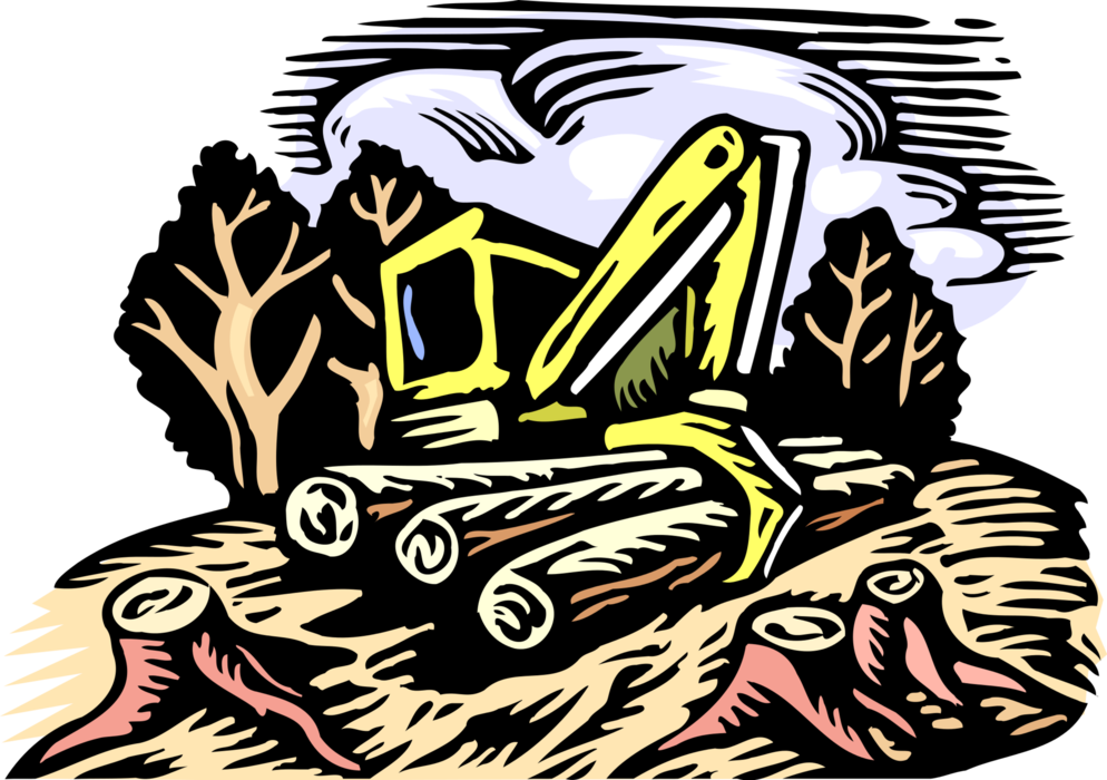 Vector Illustration of Forestry Industry Clearcutting Logging with Harvested Trees