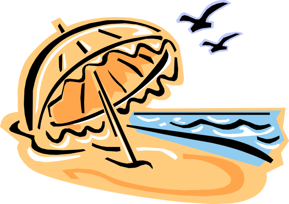 Vector Illustration of Beach Umbrella or Parasol Sun Protection and Marine Seabirds
