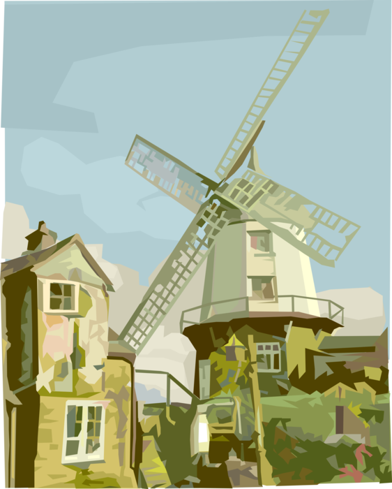 Vector Illustration of Netherlands Dutch Windmill Convert Wind Energy into Rotational Energy with Farm Building