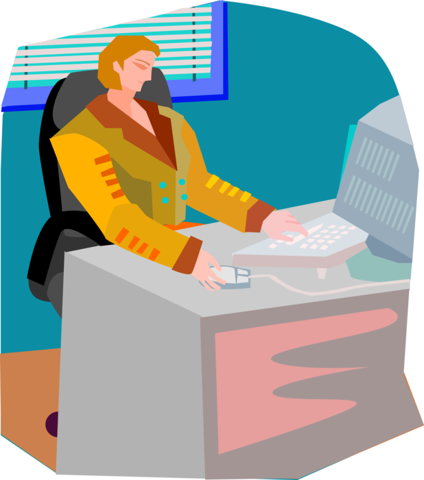 Vector Illustration of Businesswoman in Office Working with Computer at Desk