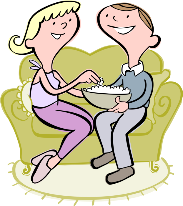 Vector Illustration of Boyfriend and Girlfriend Couple Eating Popcorn on Couch