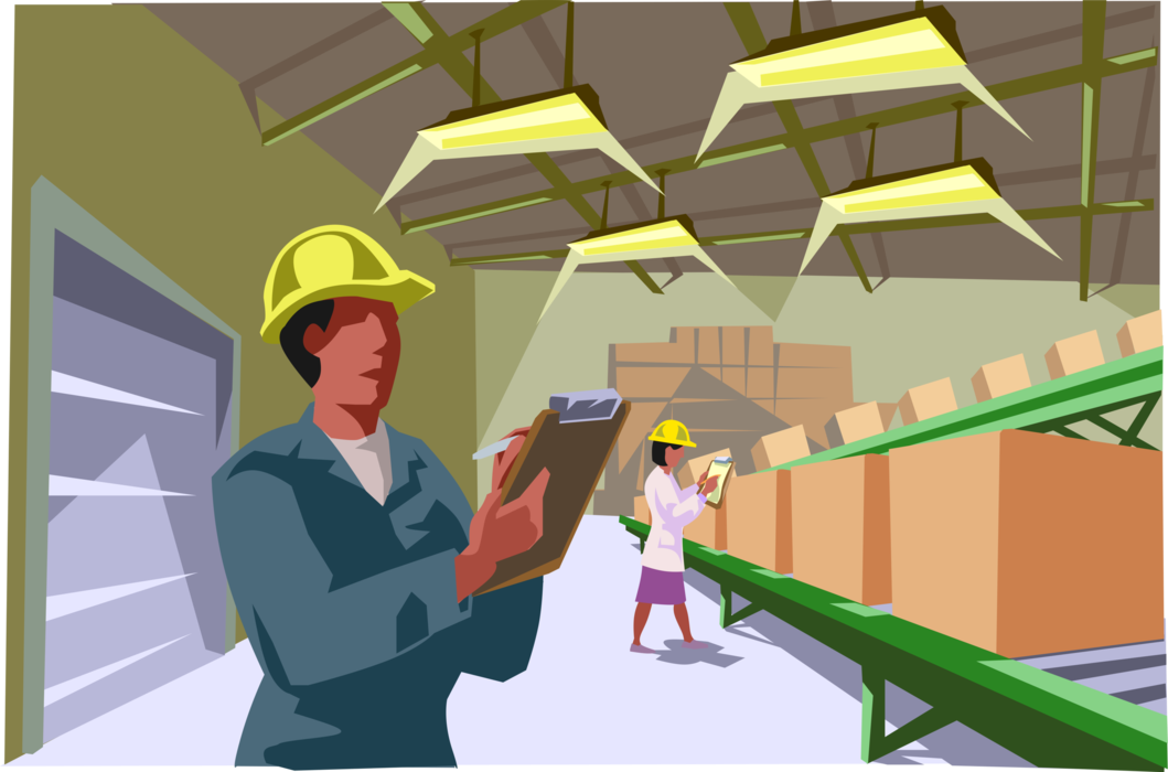 Vector Illustration of Industrial Factory Warehouse Workers Checking Goods on Conveyor Belt