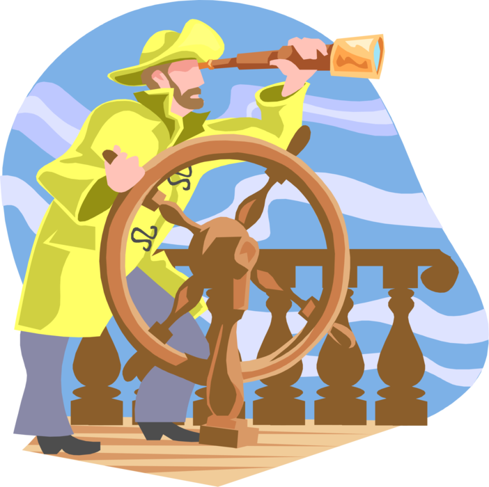 Vector Illustration of Ship's Captain with Telescope at Helm with Wheel