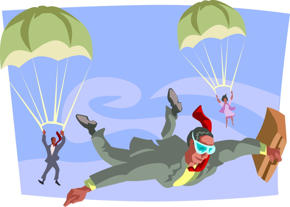 Vector Illustration of Businessmen Skydivers Parachuting to Earth for Soft landing in Parachutes