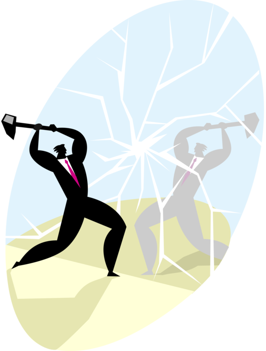 Vector Illustration of Businessman Breaking Down Barriers with Sledgehammer