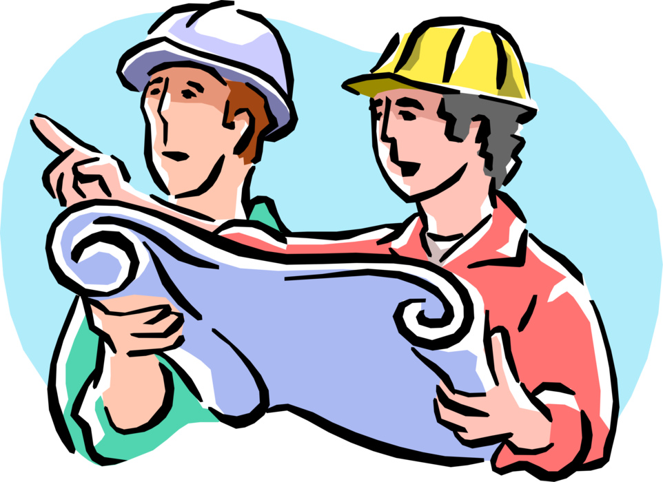 Vector Illustration of Building Site Construction Workers Discuss Blueprint Plans 