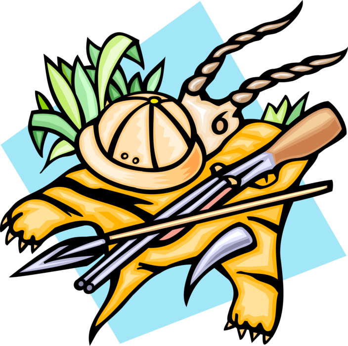 Vector Illustration of African Safari with Tiger Skin, Pith Helmet, Spear and Shotgun
