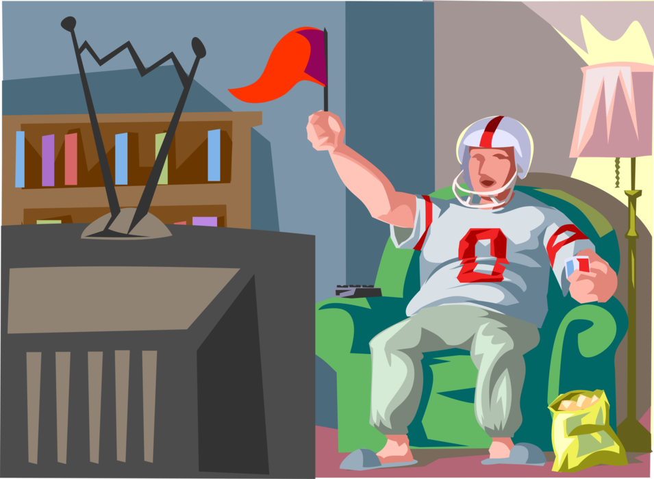 Vector Illustration of Football Fan Watches Game at Home on Television and Cheers His Team