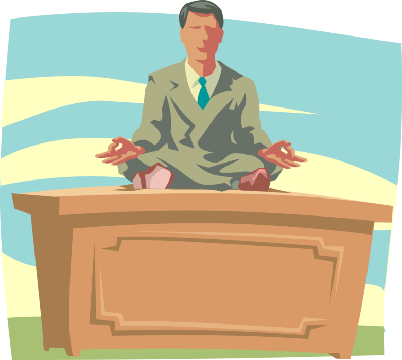 Vector Illustration of Business Guru Meditates on Office Desk