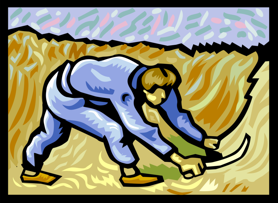 Vector Illustration of Farmer Reaping and Harvesting Grain Crop with Scythe Agricultural Hand Tool